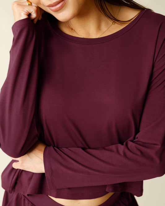 Aria Bamboo Casual Cropped Long Sleeve Top | Deep Burgundy