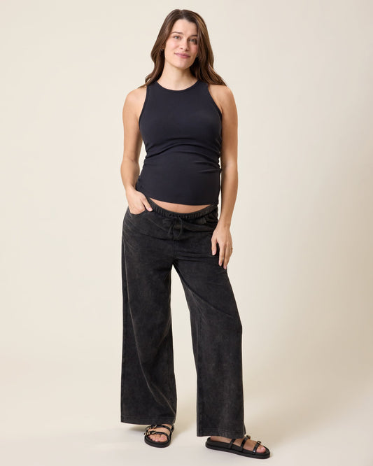 Wide Leg Maternity & Postpartum Drawstring Pant | Black Wash