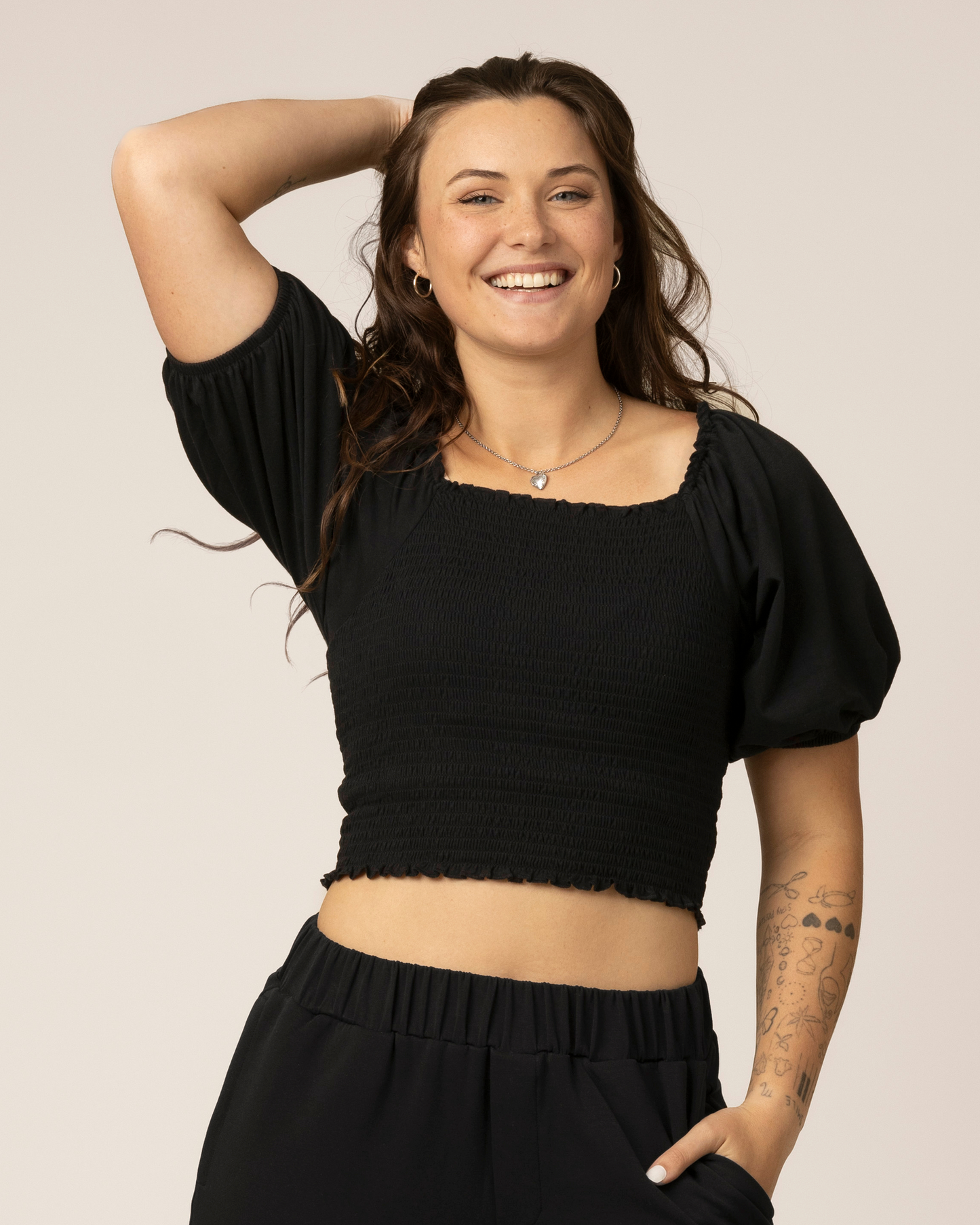Sophia Smocked Cropped Nursing Top | Black
