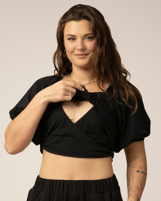 Sophia Smocked Cropped Nursing Top | Black