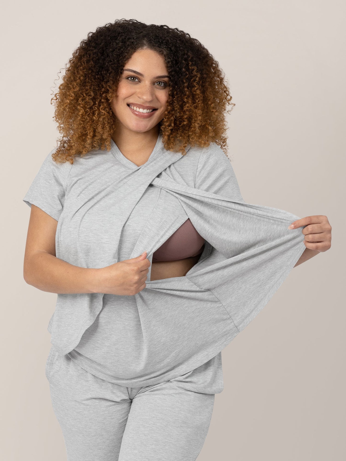 Tulip Hem Short Sleeve Maternity & Nursing Pajama Set | Grey Heather