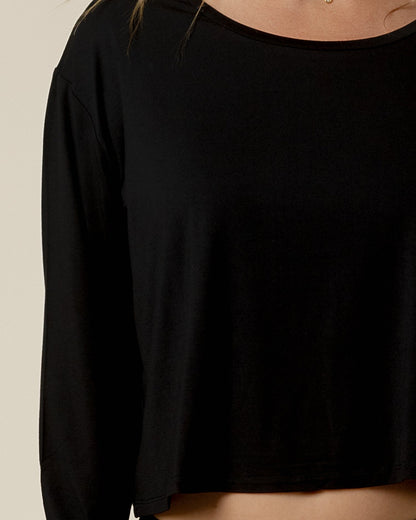 Aria Bamboo Casual Cropped Long Sleeve Top | Black