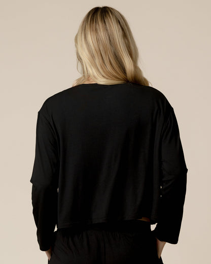 Aria Bamboo Casual Cropped Long Sleeve Top | Black