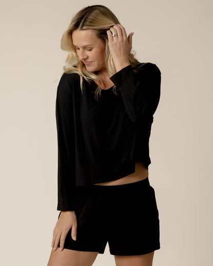Aria Bamboo Casual Cropped Long Sleeve Top | Black