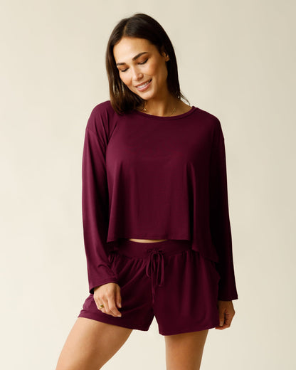 Aria Bamboo Casual Cropped Long Sleeve Top | Deep Burgundy