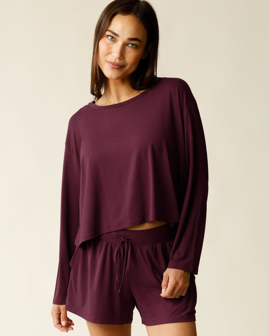 Aria Bamboo Casual Cropped Long Sleeve Top | Deep Burgundy