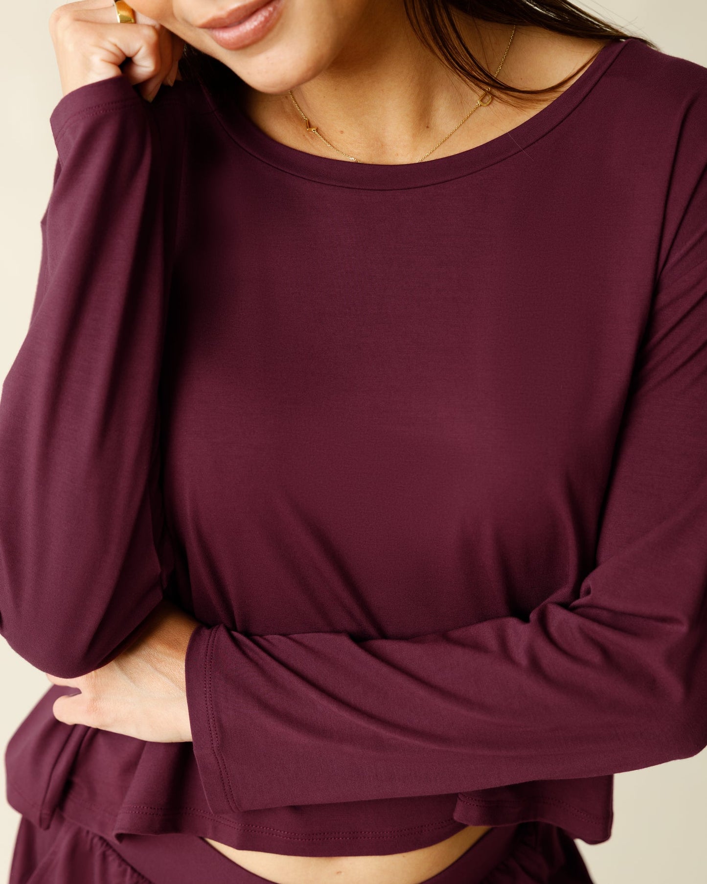 Aria Bamboo Casual Cropped Long Sleeve Top | Deep Burgundy