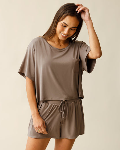 Aria Bamboo Casual Cropped Short Sleeve Top | Taupe