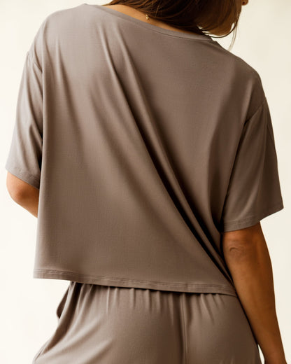 Aria Bamboo Casual Cropped Short Sleeve Top | Taupe