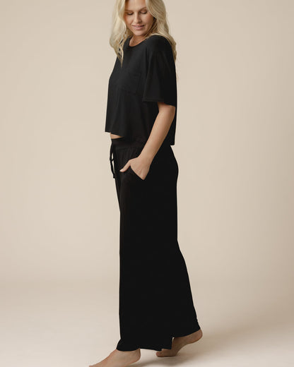 Aria Bamboo Casual Cropped Short Sleeve Top | Black