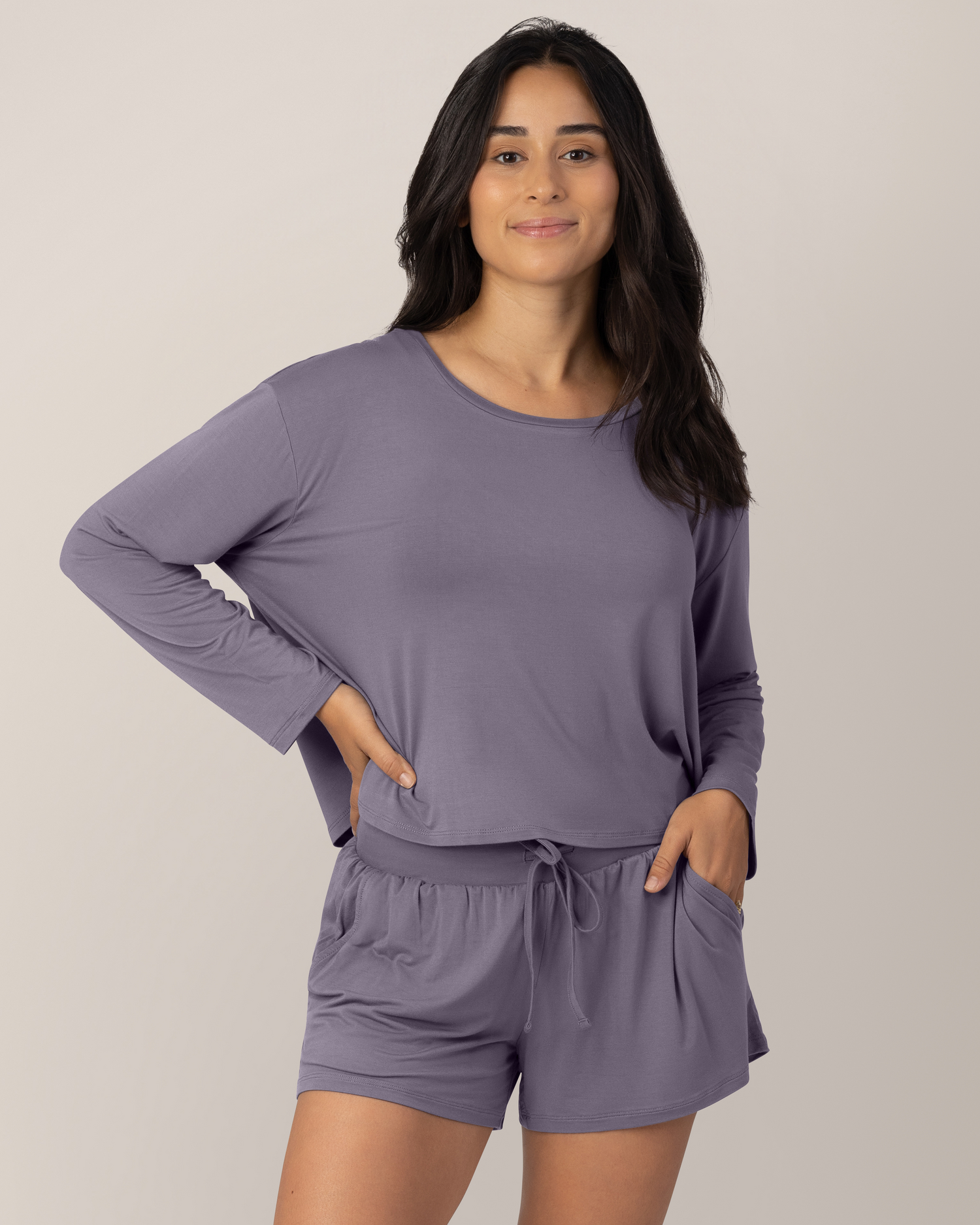 Aria Bamboo Casual Cropped Long Sleeve Top | Granite