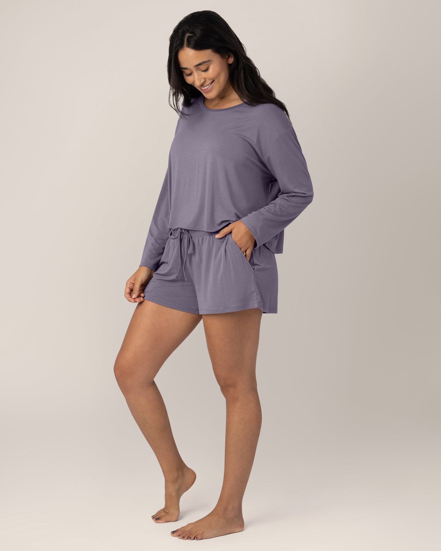Aria Bamboo Casual Cropped Long Sleeve Top | Granite