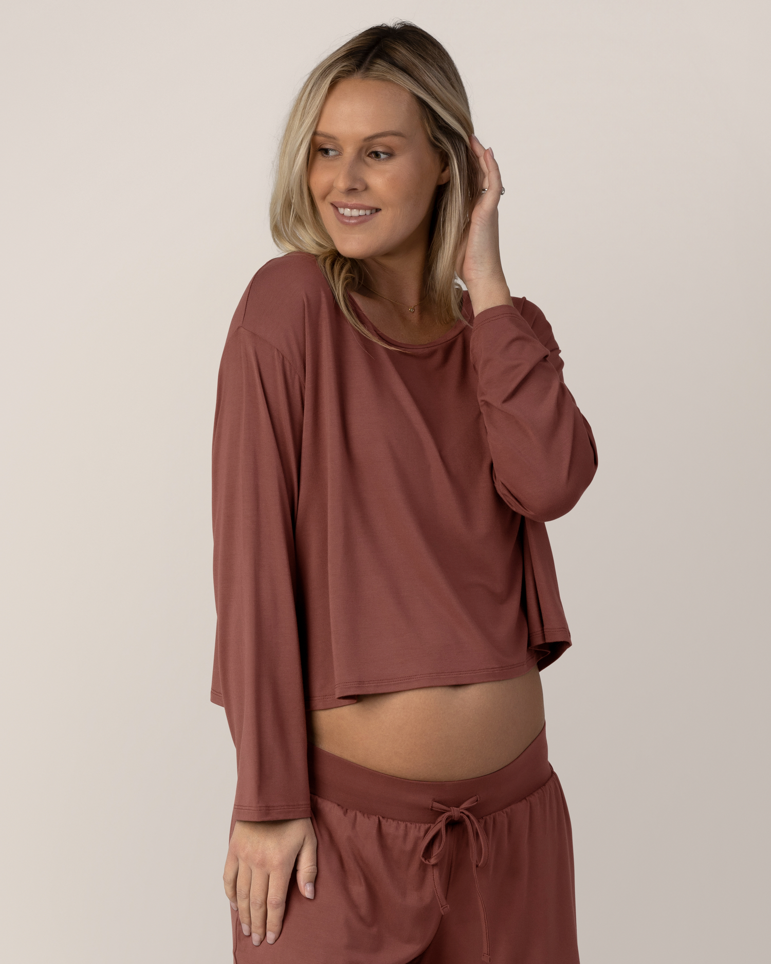 Aria Bamboo Casual Cropped Long Sleeve Top | Redwood