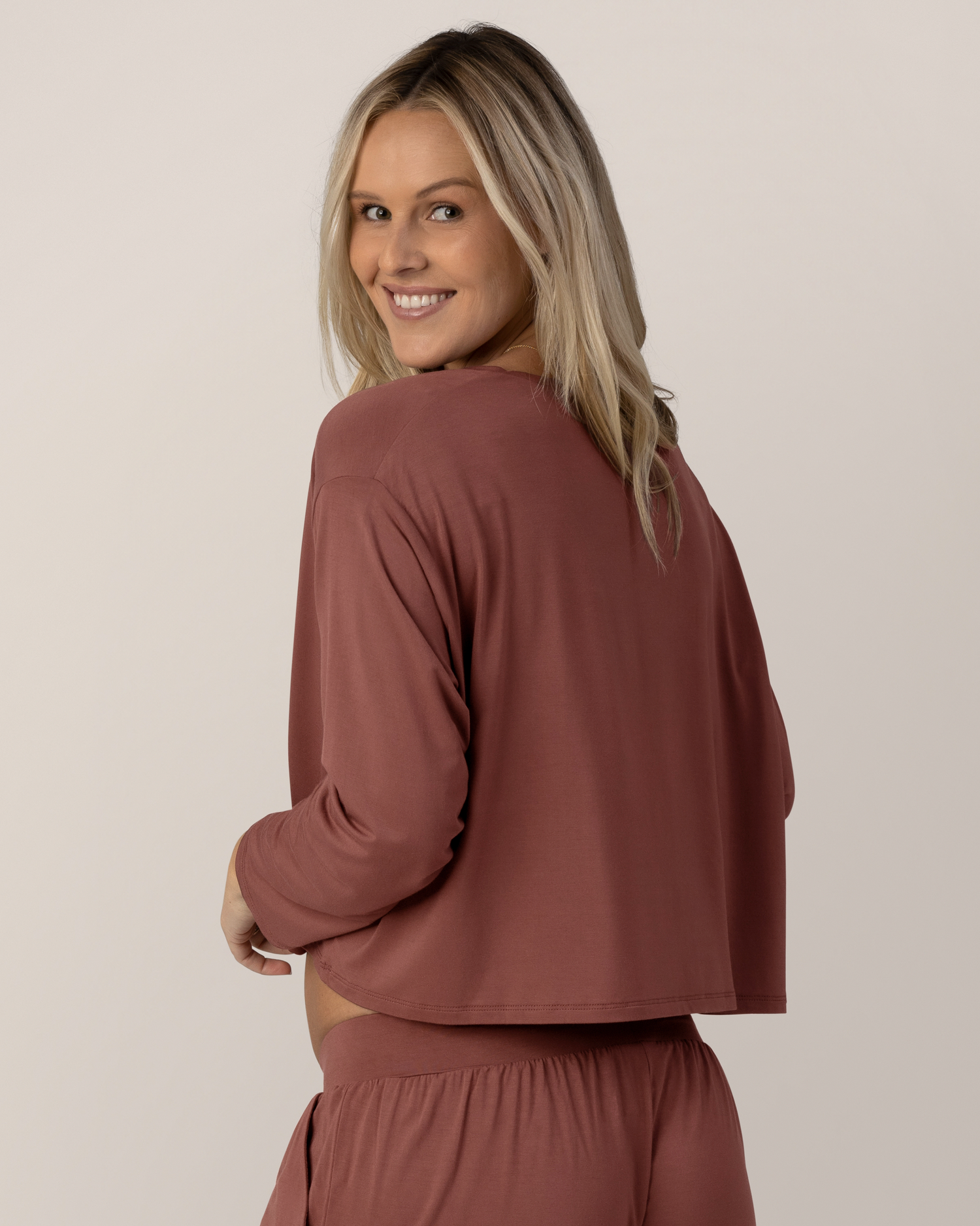 Aria Bamboo Casual Cropped Long Sleeve Top | Redwood