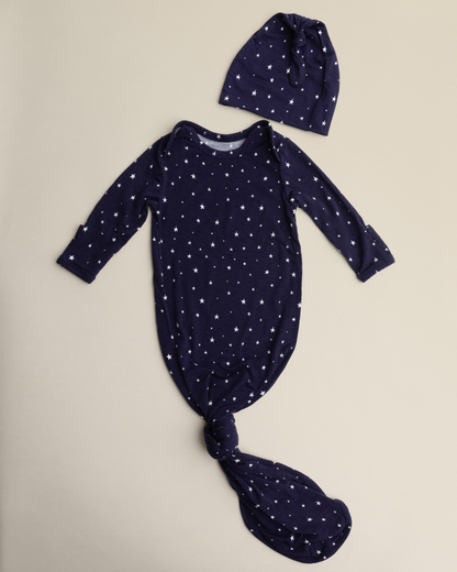 Bamboo Knotted Baby Gown & Hat | Navy Stars