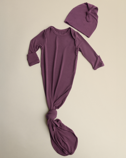 Bamboo Knotted Baby Gown & Hat | Burgundy Plum