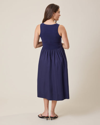 Charlotte Mixed Media Nursing Midi Dress | Navy