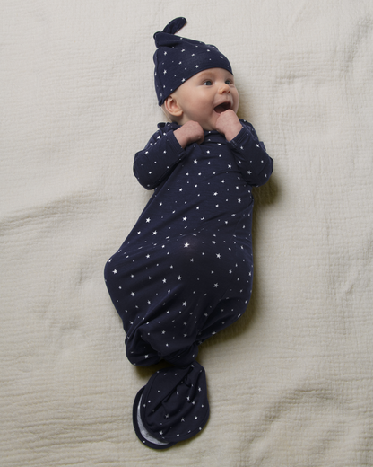 Bamboo Knotted Baby Gown & Hat | Navy Stars