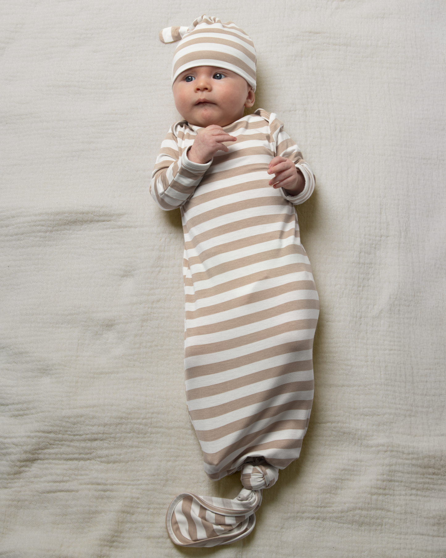 Bamboo Knotted Baby Gown & Hat | Fawn Stripe