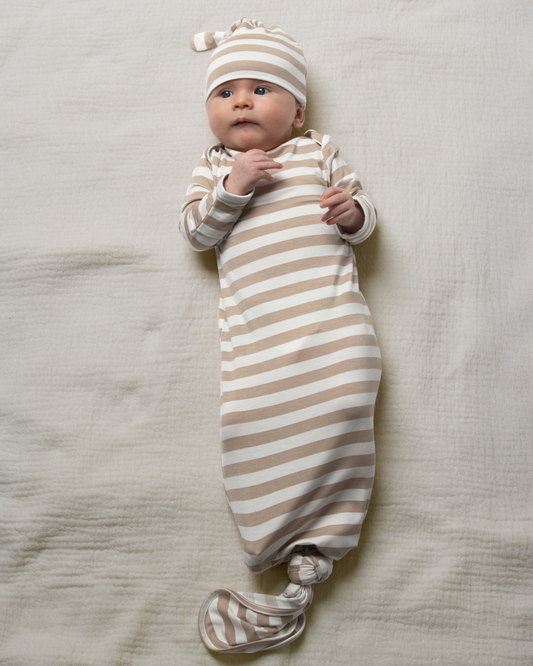 Bamboo Knotted Baby Gown & Hat | Fawn Stripe
