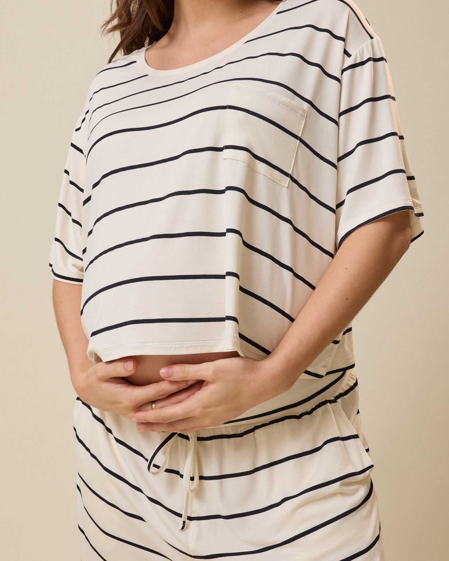Aria Bamboo Casual Cropped Short Sleeve Top | White & Black Stripe