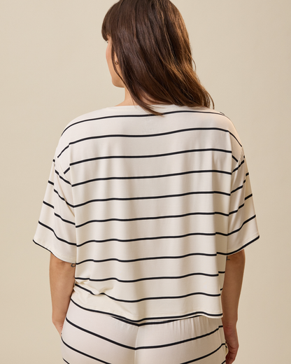 Aria Bamboo Casual Cropped Short Sleeve Top | White & Black Stripe