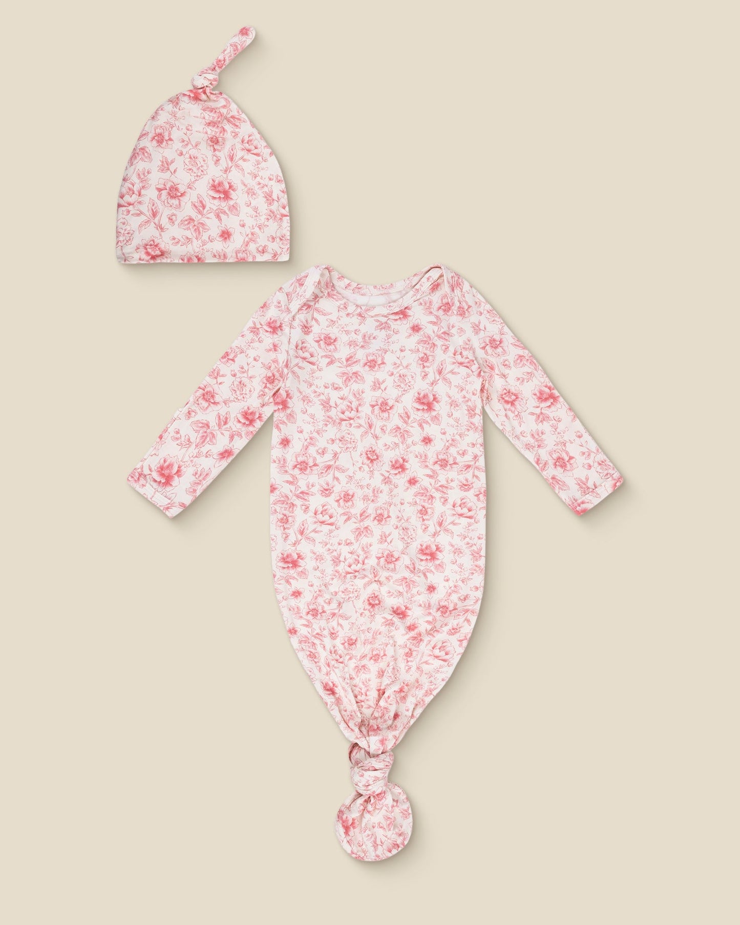 Bamboo Knotted Baby Gown & Hat | Pink Toile