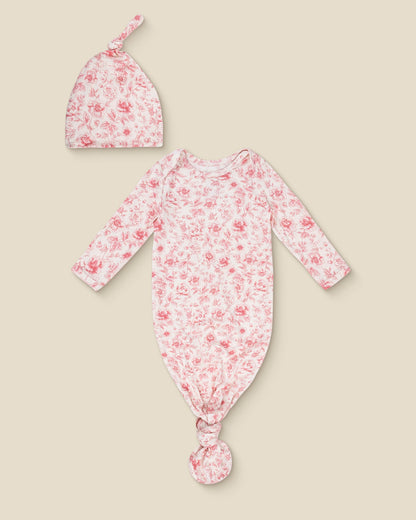 Bamboo Knotted Baby Gown & Hat | Pink Toile