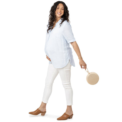Oversized Nursing & Maternity Collared Top | Blue Pinstripe