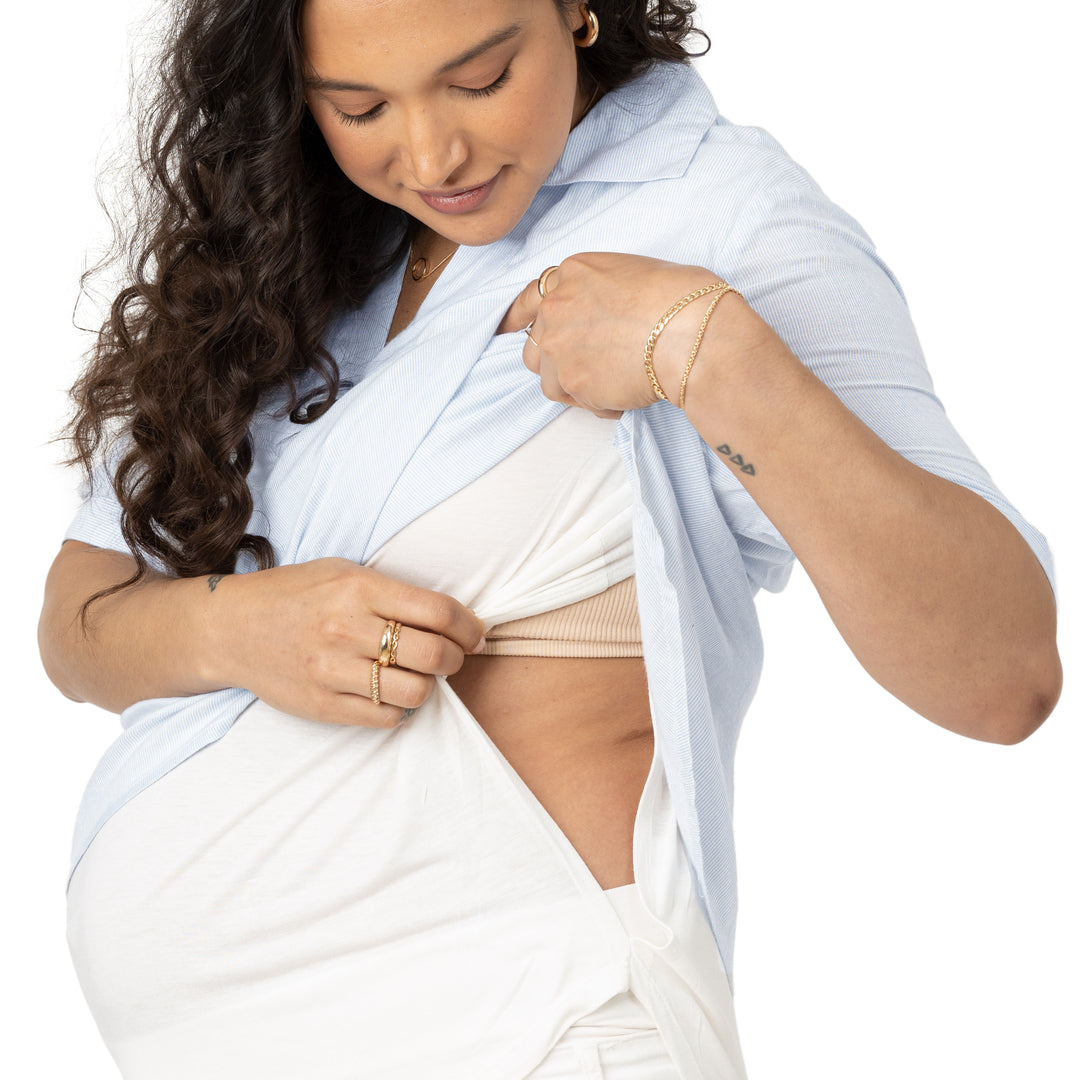 Oversized Nursing & Maternity Collared Top | Blue Pinstripe