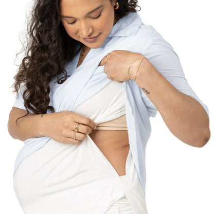 Oversized Nursing & Maternity Collared Top | Blue Pinstripe