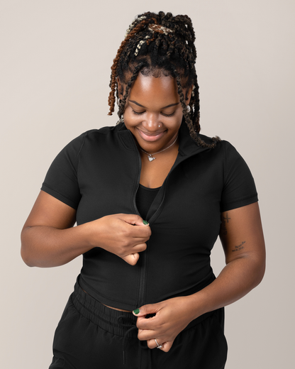 Presley Active Zip Front Nursing Top | Black