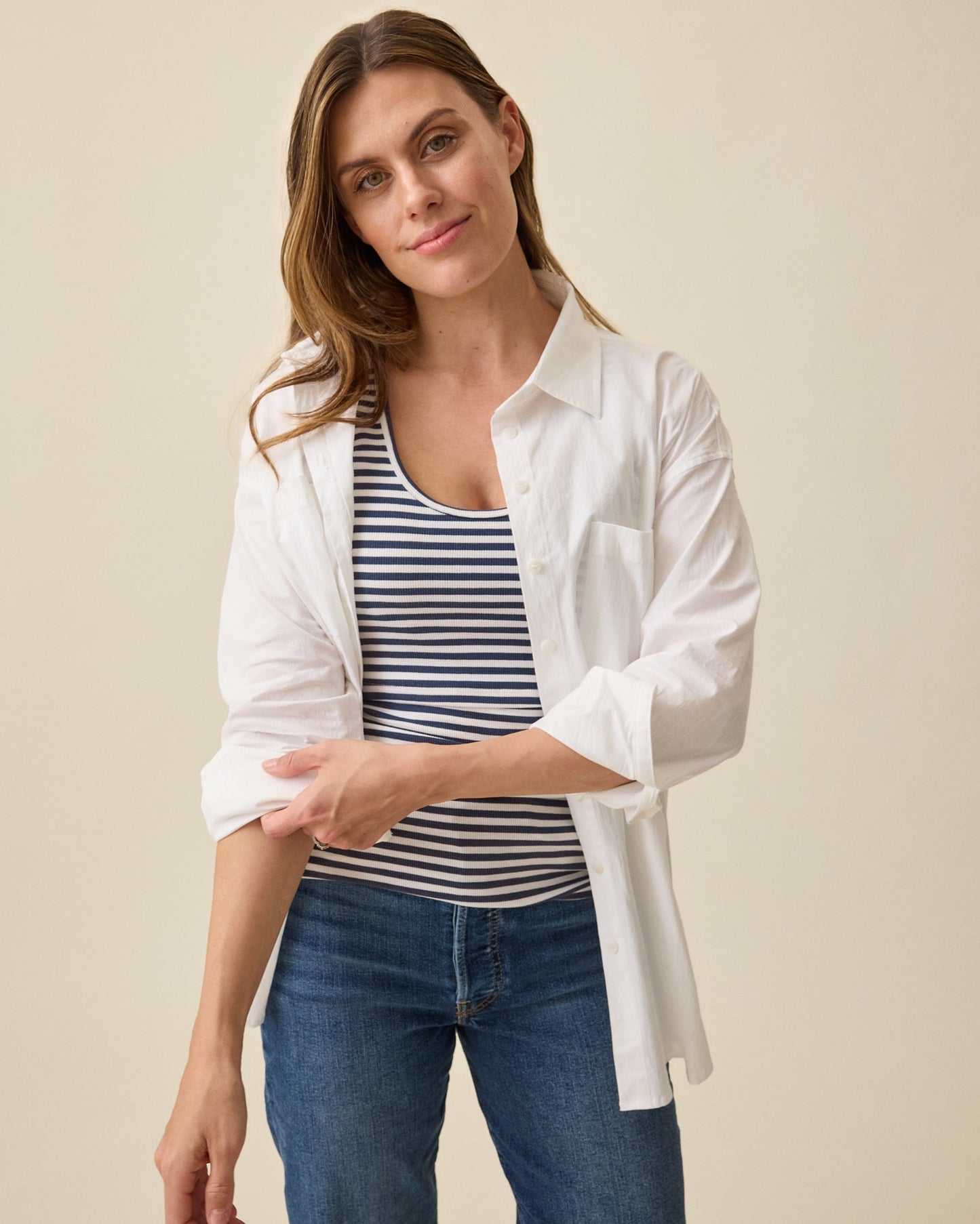 Ribbed Bamboo Scoop Neck Nursing Tank | Navy & White Stripe