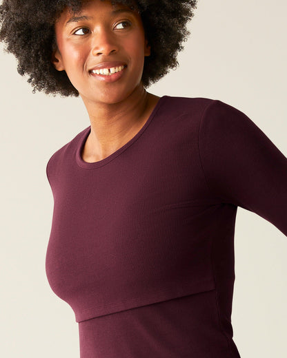 Ribbed Bamboo Long Sleeve Nursing T-shirt | Deep Burgundy