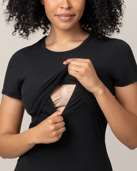 Ribbed Bamboo Crew Neck Nursing T-shirt | Black
