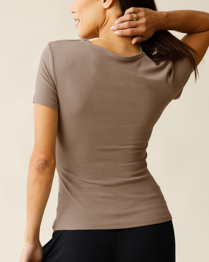 Ribbed Bamboo Crew Neck Nursing T-shirt | Taupe