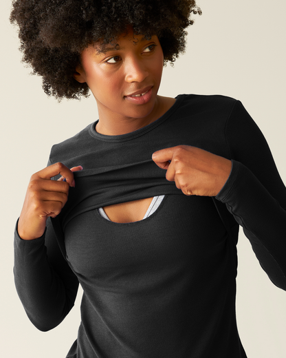 Ribbed Bamboo Long Sleeve Nursing T-shirt | Black